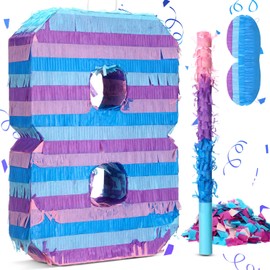 Video Game Number 8 Birthday Pinata for Birthday Decorations, 16 x 12 x 3 Inches Multicolor Pinata with Stick Blindfold Confetti, 8th Birthday Party Favors, Game Enthusiast Party Decoration Supplies