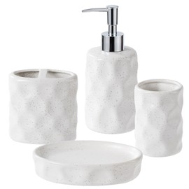 White Ceramic Bathroom Accessories Set - Sand Dot Glaze Hand Hammer Pattern Design - 4-Piece Bathroom Accessory Set Includes Lotion Dispenser, Toothbrush Holder, Tumbler, and Soap Dish