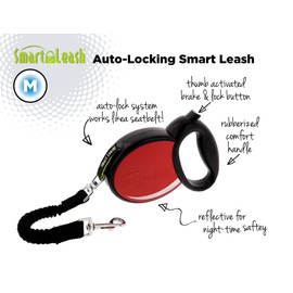 SmartLeash Retractable Dog Leash, Red, 4.2m- For Dogs up to 40lbs - Heavy Duty Dog Leash Auto-Locks Like a Seatbelt for Worry-Free Walks - One Button Brake & Lock, Non-Slip Handle, Reflective Tape