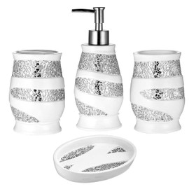 Zahari Home 4pc Sinatra Stylish Bathroom Accessories Set White Soap Dispenser, Tumbler, Tooth Brush Holder and Soap Dish Modern Classic Luxury Decor Bling Mosaic Glass White Bathroom Accessories