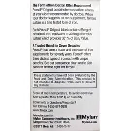 Feosol Original Iron Supplement Tablets,Non-heme 325mg Ferrous Sulfate (65mg Elemental Iron) per Iron Pill, 1 Per Day, 4 Month Supply, for Energy and Immune System Support (120 ct Pack of 2)