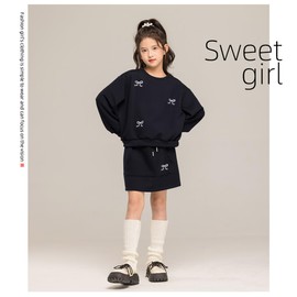 VOKLLIYU Kids' Clothes, Top and Bottom Set, Wearable Sweatshirt + Skirt, Girls, Cute and Wearable Bowknot Pattern, Thick, For Kindergarten/School Commutes, Everyday Wear, Spring, Autumn, Winter, 47.2