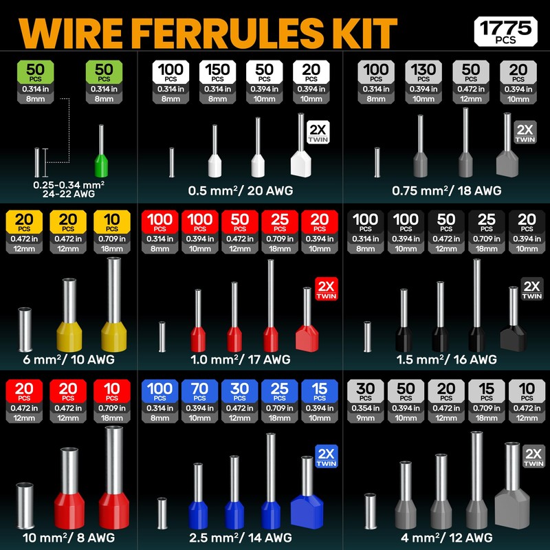 SOMELINE Ferrule Hexagonal Crimping Tool Kit, 36 Sizes Ferrules, AWG