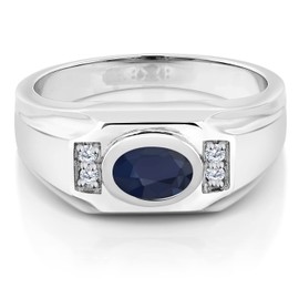 Gem Stone King Men's 925 Sterling Silver Blue Sapphire and White Moissanite Ring For Men | 1.95 Cttw | Gemstone September Birthstone | Oval 8X6MM | Available In Size 7, 8, 9, 10, 11, 12, 13