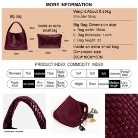 Tote Bag Shoulder Handbags for Women Hand bag Large Capacity Travel Woven Lightweight Purse Hobo Slouchy Bags (Burgundy Red)