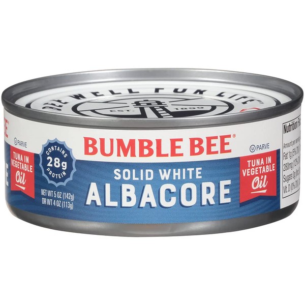 Bumble Bee Solid White Albacore Tuna in Oil, 5 oz Can (Pack of 24) - Wild Caught Tuna - 28g Protein per Serving - Non-GMO Project Verified, Gluten Free, Kosher - Great for Tuna Salad & Recipes