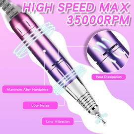 Professional 35000 RPM Nail Drill , Rechargeable Electric Nail File Machine E File for Acrylic Nails Gel Polishing Removing, Portable Cordless Efile with Bits Kit for Manicure Salon Home Pink