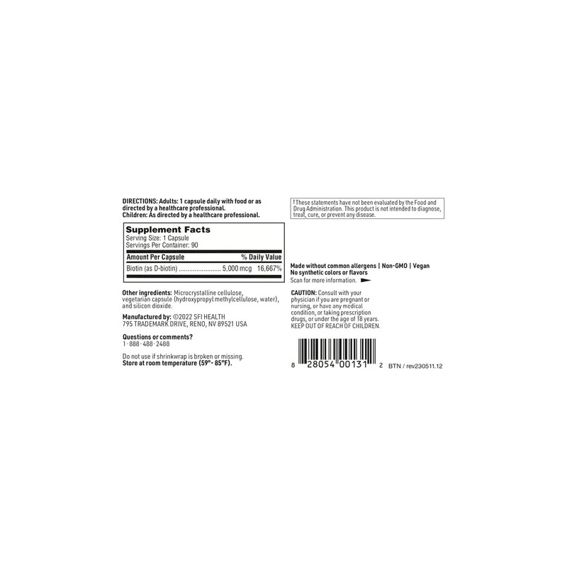 Klaire Labs Biotina 5000mcg Cápsulas Hipoalergénicas Hypoallergenic Biotin Supplement, 90