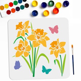 MAYJOYDIY Daffodil Butterfly Stencil 11.8×11.8inch Narcissus Flower Bouquet Stencil with Paint Brush Reusable Daffodil Flower Template for DIY Craft Canvas Wall Wood Home Decor
