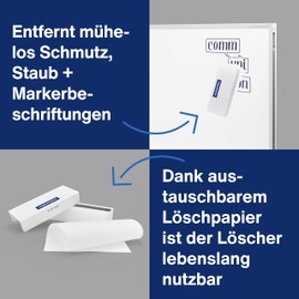 magnetoplan Tafellöscher, magnetisch, weiß | Praktischer Tafelwischer mit auswechselbarem Löschpapier | Für Whiteboards und Glasboards | Effektiver, Oberflächen schonender Reiniger | Keine Kratzer