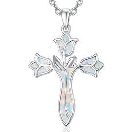Dreamboat Sterling Silver Cross Necklace for Womens Cross Pendant Crucifix Necklace Tulip Rose White Opal Faith Christian Confirmation Religious Jewelry