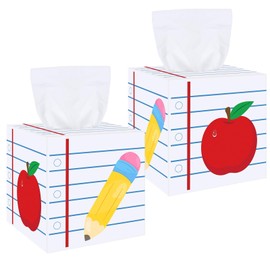 NFAMRZCAR 2 Pack Back to School Gift Wooden Tissue Box Cover, Square Tissue Holder Dispenser Paper Case for Back to School, First Day of School, Classroom Office Desk Decor