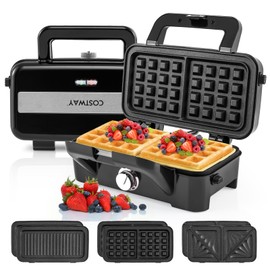 COSTWAY 1200W Waffle Maker with Removable Non-Stick Plates, Panini Grill Press with 5-Gear Temperature Control, 3-in-1 Sandwich Maker for Breakfast