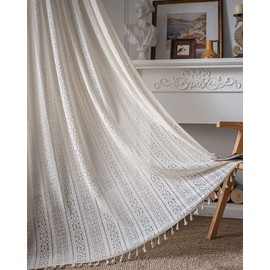 vctops Farmhouse Cotton Crochet Lace Window Curtain Panel with Tassels Rod Pocket Semi Sheer Hollow Curtains for Bedroom Living Room, 1 Piece (Beige B,59"x63")