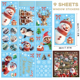 Mifferer Christmas Window Stickers, 9 Sheet Snowflakes,Christmas Tree, Santa Claus, Bear Window Clings PVC Static Stickers for Christmas Window Display Xmas Christmas Decorations