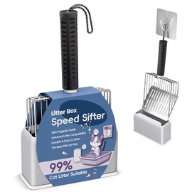 Aoktech Heavy Duty Metal Cat Litter Scoop with Holder - Speed Sifter Litter Box Scooper Captures All Clumps - Kitty Litter Sifting Shovel Comfy Handle - Easy Clean with Hook（Black）