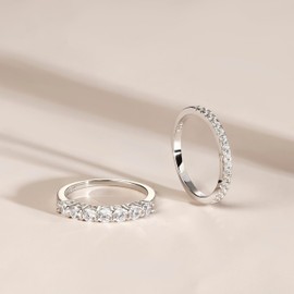 JALOKIVI 2mm 925 Sterling Silver Eternitys Ring for Women 7 Stone Cubic Zirconia Half Eternity Wedding Bands Size 7