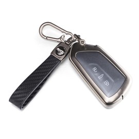 for Volkswagen Key Fob Cover with Keychain, Metal Frame and Leather Key Shell Full Protector Fit for VW ID.4 ID.3 MK8 Golf GTI Seat Leon MK4 Skoda Octavia Smart Key, Black