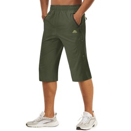 TACVASEN Men's Quick Dry Breathable Outdoor Sports Elastic Capri Shorts with Zipper Pockets, Army Green, 36