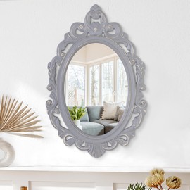 Vintage Hanging Wall Mirror Wall Decor 28"x20" Antique Oval Carved Wood Frame Bathroom Mirror Vanity Rustic Wall Mounted Mirrors Decorative Farmhouse Mirrors for Bedroom Living Room Grey