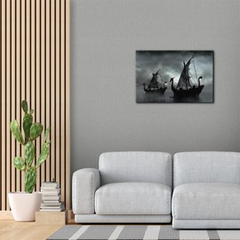 Pacimo Black and White Canvas Wall Art, Vikings Ship Framed Wall Decor for Home, Dragon Boat Modern Wall Art for Living Room Bedroom Bathroom Office Stretch and Framed Ready to Hang 12"x18"
