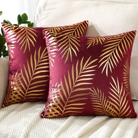 JOTOM Set of 2 Cushion Covers 45x45cm Velvet Decorative Throw Pillow Covers Gold Leaves Decorative Pillow Cases Bronzing Cushion Cover for Couch Bedroom Sofa Car Home Living Room Decor (Burgundy)