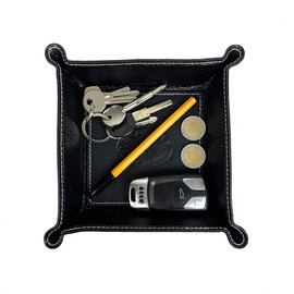 FrasiBags Leather Pocket Empty - Square Leather Tray Organiser - Key Tray Organiser (Black)