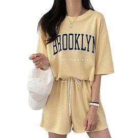BLANK BLANC Women's 2-Piece Set, College Print, Top and Bottom Set, Shorts, Pockets, Room Wear, Relaxing Wear, Home Wear, Street, yellow