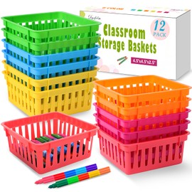 Dyrfolm 12 Pack Classroom Storage Baskets,Colorful Classroom Storage Bins,Small Plastic Organizer Basket,Crayon Pencil Containers Organizer Bins for Desk,Home,Office(4.5" L x 4.5" W x 2.5" H)