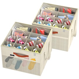Aokeyee Shoe Organizer for Closet, 2 Pack Foldable Shoe Storage Organizer Box w/Clear Cover and Reinforced Handles, Space Saving Shoes Bin Fits up to 16-32 Pairs, Beige