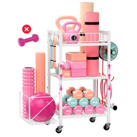 3-Tier Home Gym Storage Rack, Adjustable Yoga Mat Storage Rack, 250LBS Metal Workout Equipment Storage Cart with Large Basket & Lockable Wheels for Mats, Bands, Foam Rollers, Yoga Block (Rack Only)