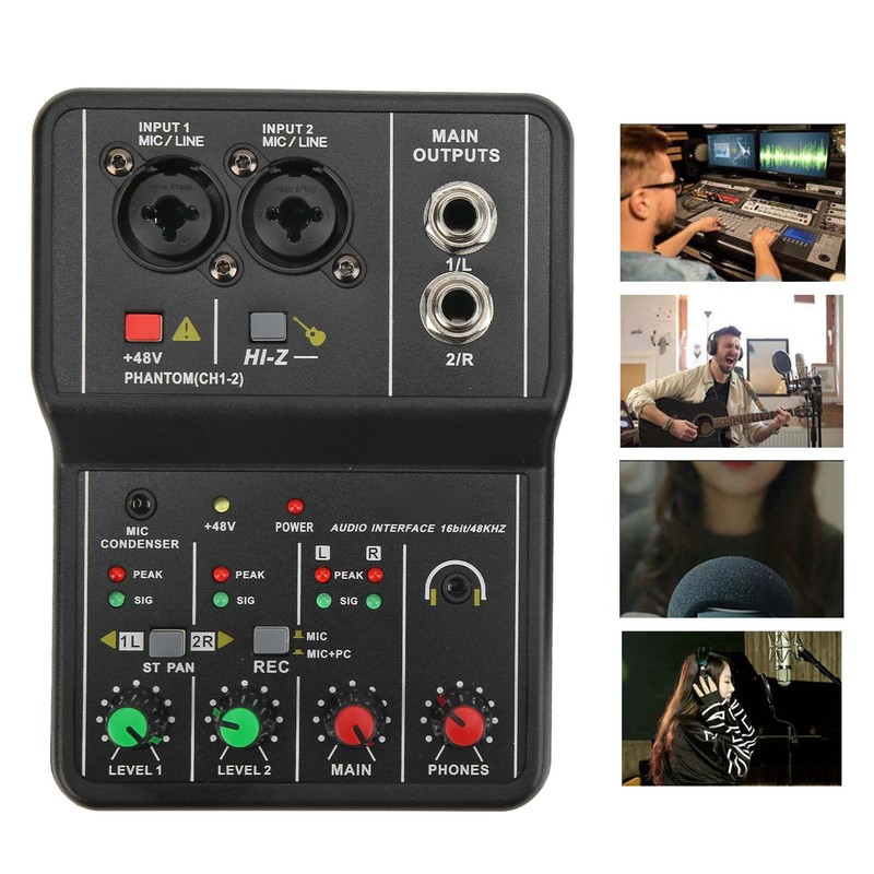 2 ChannelsMixer, Sound Card USB 48V Phantom Power Compact Sound