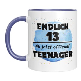 TassenTicker - Endlich 13. Ab jetzt offiziell Teenager - Kaffeetasse - Geburtstag - Junge - Dreizehn - Geschenkidee - Geschenk - Geburtstagsgeschenk (Blau), TT002