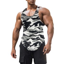 FITMENS Mens Workout Tank Tops Fitness Bodybuilding Sleeveless Gym Muscle Shirts (Camouflage White,2XL