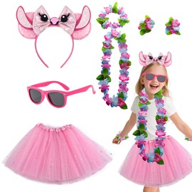 7 Maus Mouse Kostüm Set für Kinder, Mädchen Kostüm mit Rosa Tutu Pailletten Bogen Ohren Stirnband Sonnenbrille Hawaii Leis Hawaii Stirnbänder Girlanden für Ostern Fasching Karneval Kostümparty Cosplay