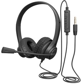 Wired Stereo Leather Headset with Rotating Noise-Canceling Boom Microphone, in-Line Controls, 3.5mm Jack, 7ft Cable for PC and Laptop Black