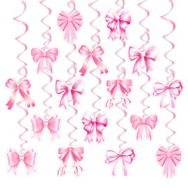 Pink Bow Birthday Decorations, Kaluofan 32PCS Pink Bow Hanging Swirls Set, Bow Party Decorations for Girl Birthday Wedding Valentine's Day Dance Party Favor Supplies