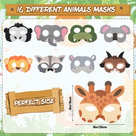 Quilax 16 Pcs Animal Masks, Safari Animal Mask for Kids, Jungle Theme Zoo Animals Cartoon Masks, Animals Theme Birthday Party Decorations, Safari Party Decorations