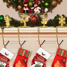 TNBRUA 4Pcs Christmas Stocking Holders, Mantel Christmas Stocking Hangers for Fireplace, Christmas Stocking Clips in 4 Styles, Non-Slip Christmas Stocking Clips for Christmas Party Decoration(Gold)