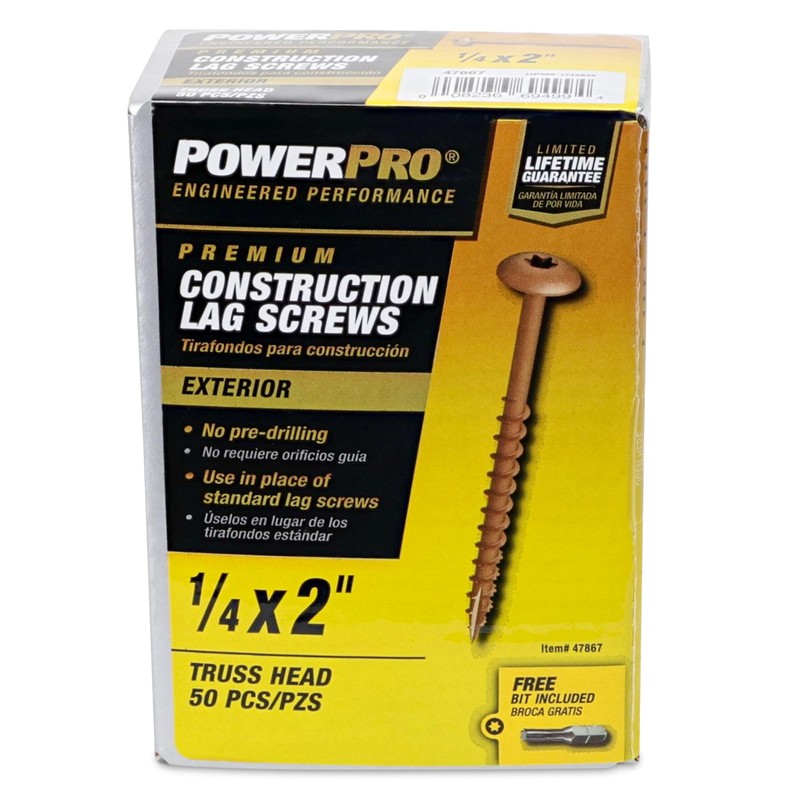 Power Pro 47867 Lag Screws, 1/4" x 2", Star Drive