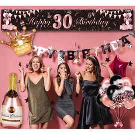 30th Birthday Women Decoration, Magiccute Birthday Decoration Girls Women Long Happy Birthday Banner Garland Bunting and Black Rose Gold Confetti Balloons Decoration Set