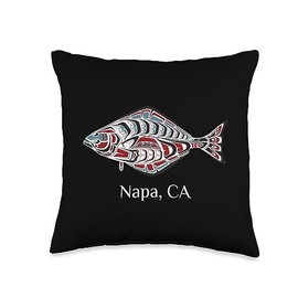 Napa California PNW Native American Tribal Halibut Napa California PNW Art Native American Halibut Tribal Gift Throw Pillow, 16x16, Multicolor