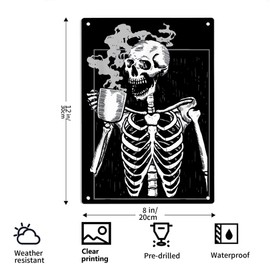 Funny Skeleton Drinking Coffee Sign Metal Tin Sign, Caffeine Lover Coffee Brewer Poster for Home Cafes Bars Pub Man Cave Wall Decor Plaque Sign 12x8 Inch