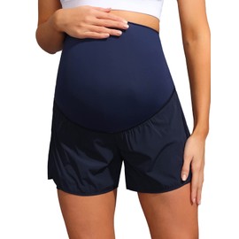 Maacie Women Maternity Layered Fast Drying Yoga Shorts with Liner Inner Pocket Dark Blue