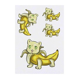 4 x 'Banana Cat' Temporary Tattoos - Water Resistant, Skin-Safe, Non-Toxic Transfers, Mixed Sizes (TO00040765)