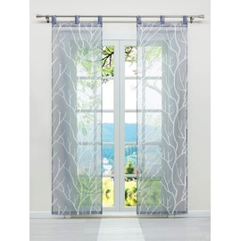 ESLIR Sliding Curtains, Set of 2 Panel Curtains with Loops, Transparent Tab-Top Curtain with Branches Pattern, Voile Grey, W x H 57 x 245 cm, Pack of 2