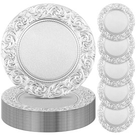 Uiifan Antique Charger Plates Bulk 13'' Plastic Embossed Dinner Plate Chargers Round Floral Plates for Wedding Decorative Chargers for Table Dinner Kitchen Party Decoration(Silver, 24 Pcs)