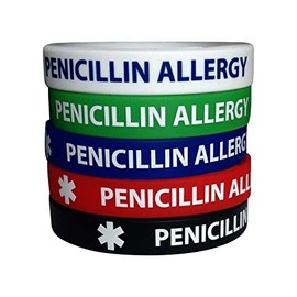 Penicillin Allergy - 5 Pack Silicone Bracelets - ID Medical Wristbands - Adult Size 7.8" - Bracelet for Men Women