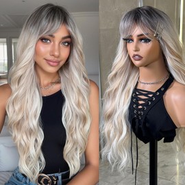 topshe Peluca Rubia Con Flequillo, Larga Y Rizada, Para Mujer, Resistente Al Calor, Sintética, De Colores, De Aspecto Natural, Ondulada, De 66 Cm, Para Uso Diario En Fiestas Y Cosplay.