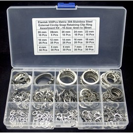 Elantek 330Pcs 15-Size Metric 304 Stainless Steel External Retaining C-Clips Rings/External Circlip Snap Retaining Clip Ring Assortment Kit - 4mm to 28mm